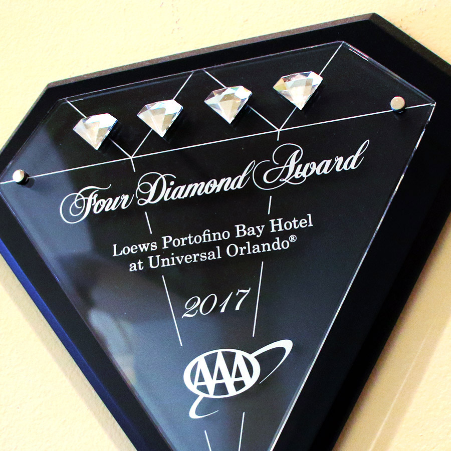 A Four Diamond Award plaque at Portofino Bay Hotel