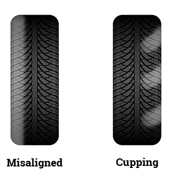 Illustration of tire wear on a misaligned tire and a cupped tire