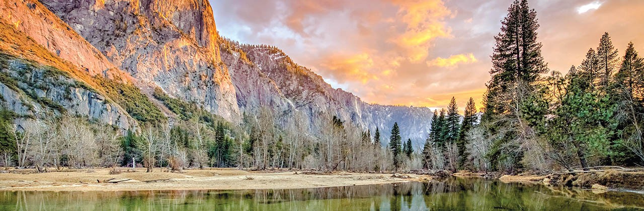 “During a four-day February visit to Yosemite Valley, I stayed at the Yosemite Valley Lodge. I spent a dull, cloudy day hiking and biking in search of interesting photography subjects. My reward came when the sky opened up to the west and the setting sun lit up the clouds. I took this photo from a trail along the Merced River, near the lodge.” 