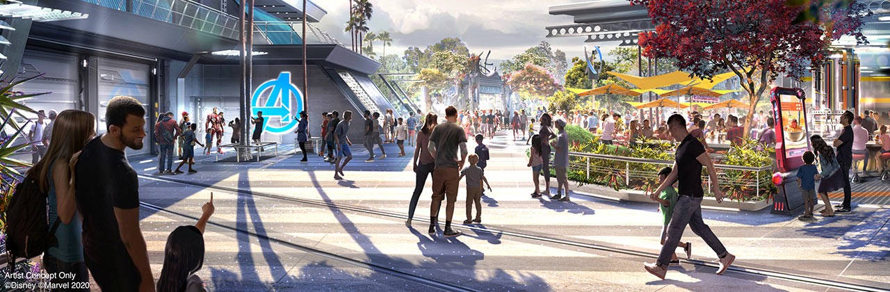 A main thoroughfare through Disney California Adventure’s Avengers Campus. | Artist concept courtesy Disneyland Resort