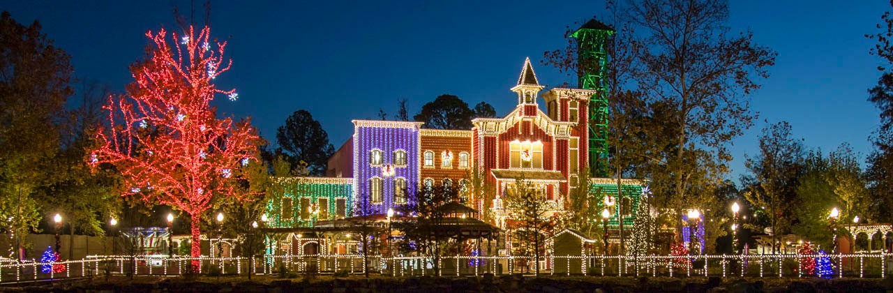 Fireman's Landing at Silver Dollar City illuminated with holiday lights