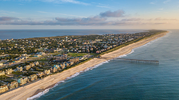 An aerial view of the town of Avon in the Outer Banks, North Carolina