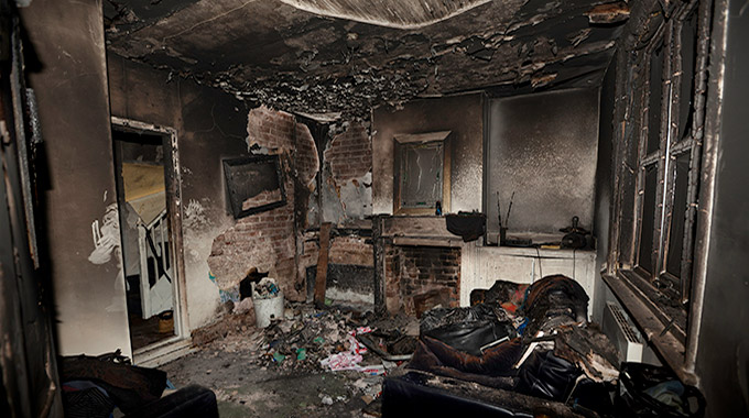 A fire-damaged apartment interior