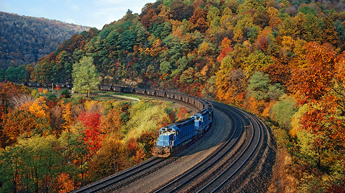 A train going through Horseshoe Curve in Pennsylvania.