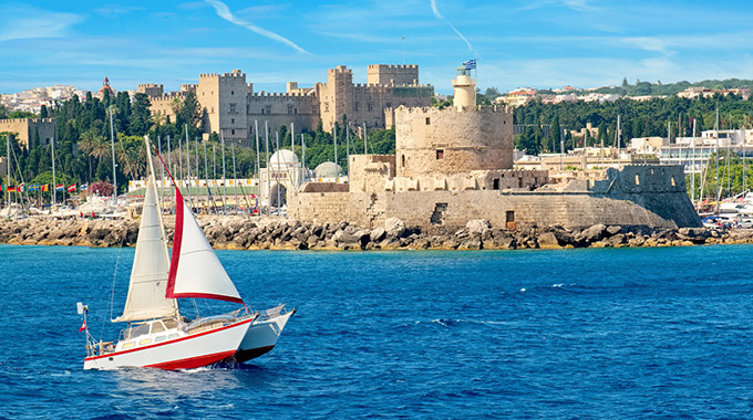 The Fortress of Agios Nikolaos at the entrance to Mandraki Harbor on the island of Rhodes