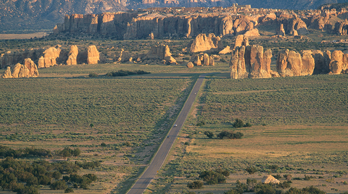 A highway reaching toward Acoma Pueblo in New Mexico.