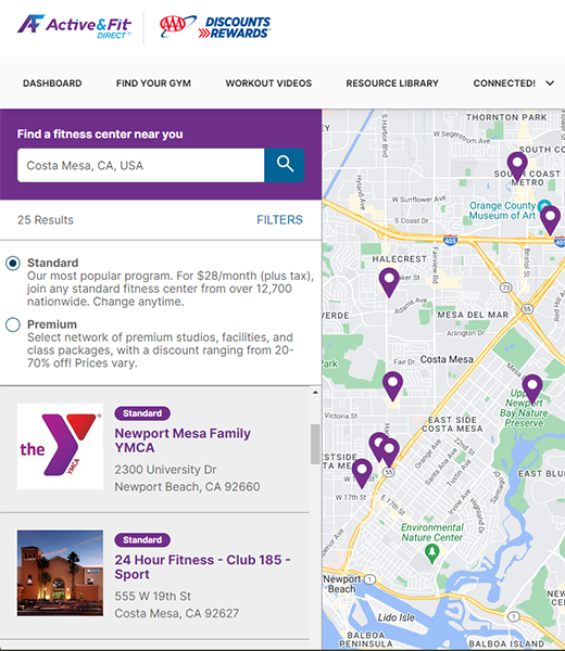 Active&Fit Direct map of nearby gyms to enroll in-