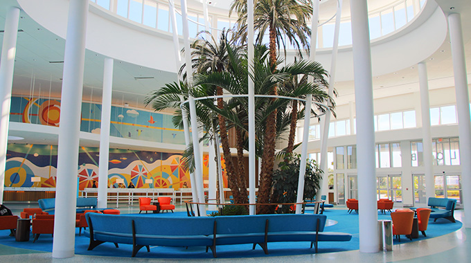 The lobby of Universal's Cabana Bay Beach Resort