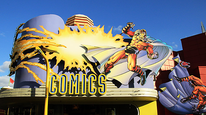 Comic book art outside a comic book store at Universal Orlando Resort