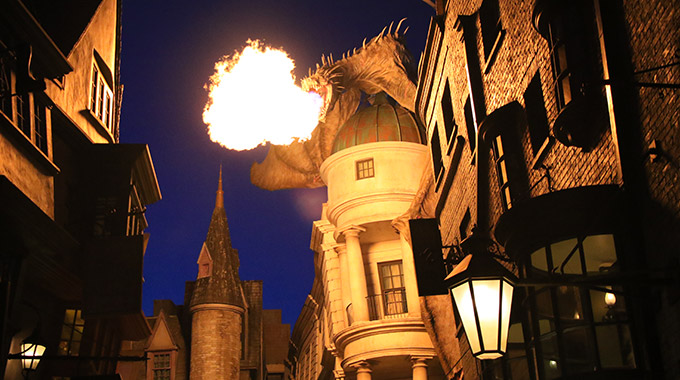 The Ukrainian Iron Belly dragon breathing fire at Universal Orlando Resort