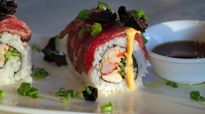 Cowfish sushi and burger roll, called "burgooshi"