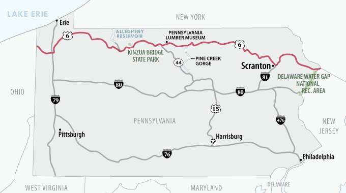 A map of U.S. Route 6 in Pennsylvania