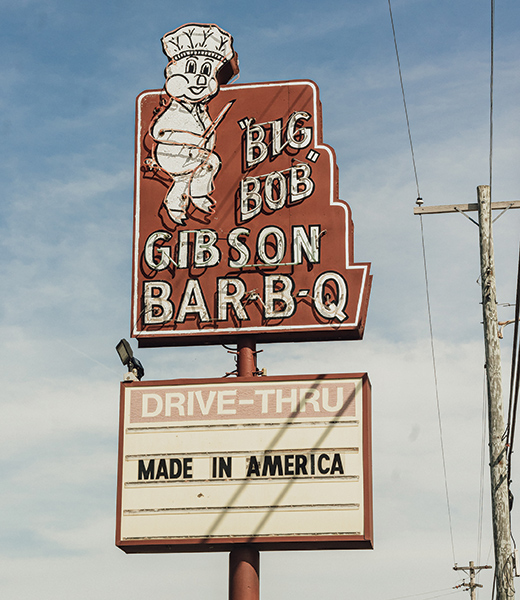 Sign for Big Bob Gibson Bar-B-Q, declaring "made in America."