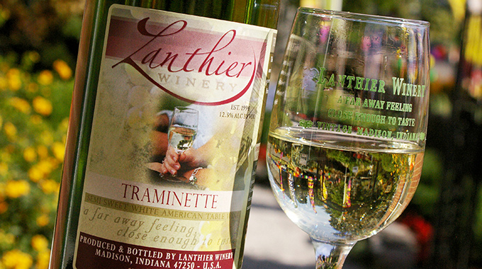 Bottle of Lanthier Winery's Traminette, a semi-sweet white wine.