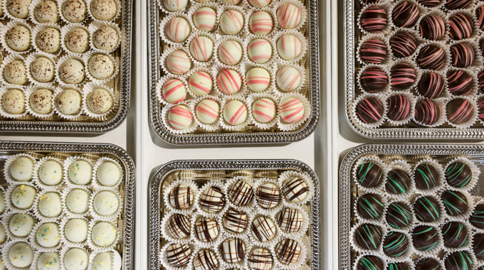 Selection of truffles, caramels, and fuge cups at Chocolate Corner.