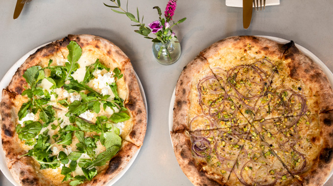 Pizzeria Bianco biancoverde and rosa pizzas.