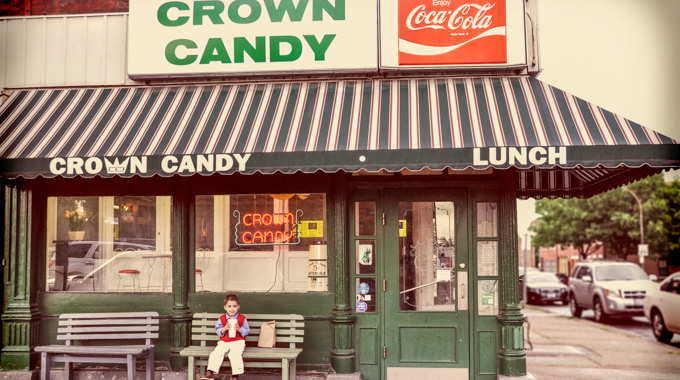 Archival photo of the exterior of Crown Candy Kitchen.
