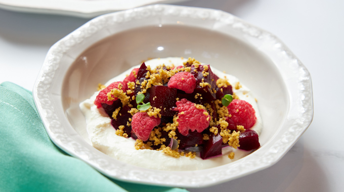 Beet salad served over goat cheese.