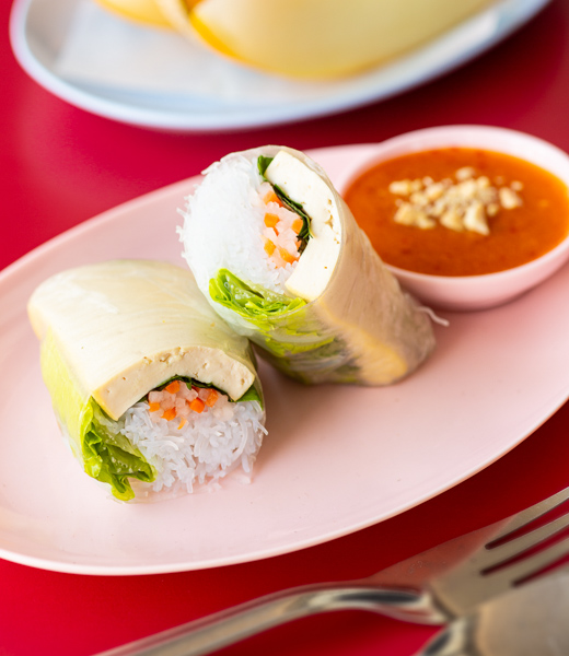 Tofu spring roll with dipping sauce.