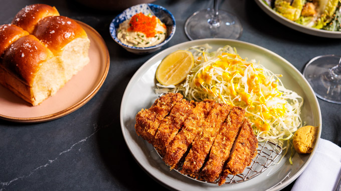 Plates of Hokkaido milk bread and pork tonkatsu.