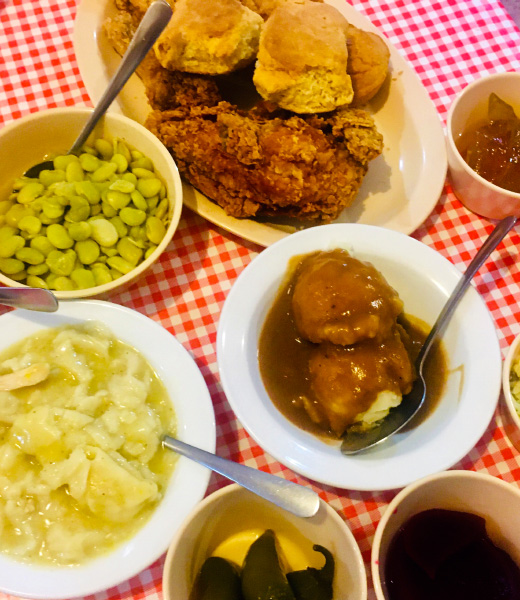 Fried chicken and sides laid out at the Pickett House Restaurant