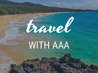 A beach with travel with AAA overlaid on image