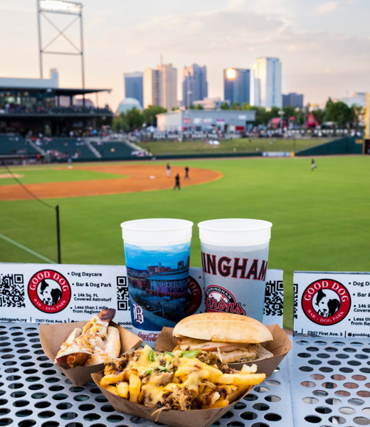 Regions Fields food: a hot dog, loaded fries, and a sandwich