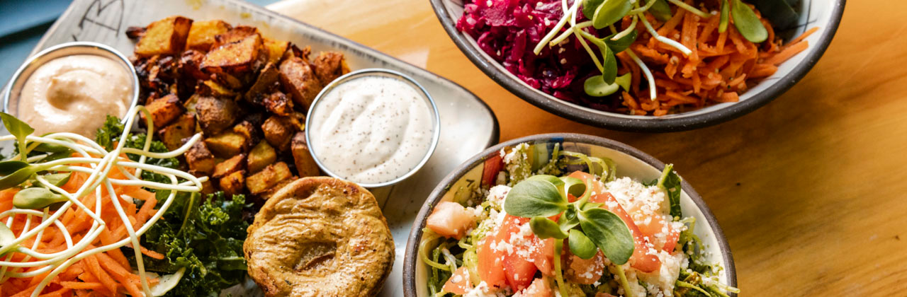 A spread of food at Superfresh! Organic Cafe in Brattleboro, VT.