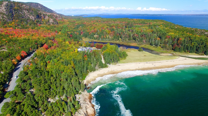 Aerial view of a coastline in Acadia National Park