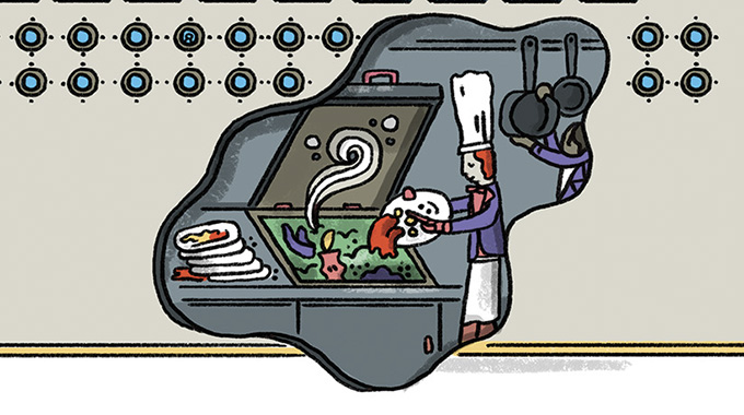 Illustration of a cruise ship chef composting food waste. 