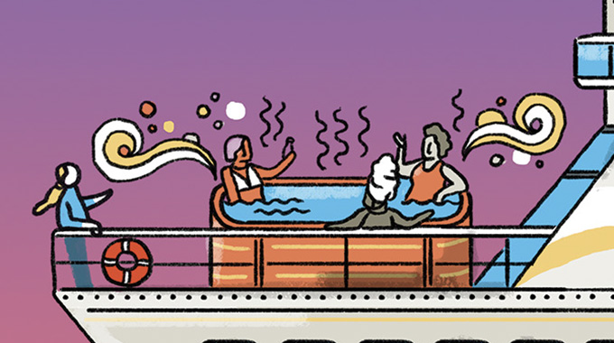 Illustration of cruise passengers in a hot tub. 