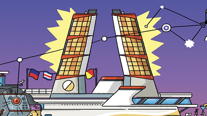 Illustration of cruise ship sails with solar panels. 