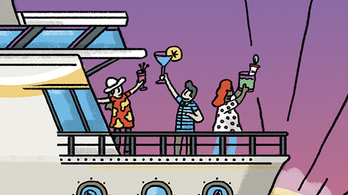 Illustration of cruise passengers with cocktails.