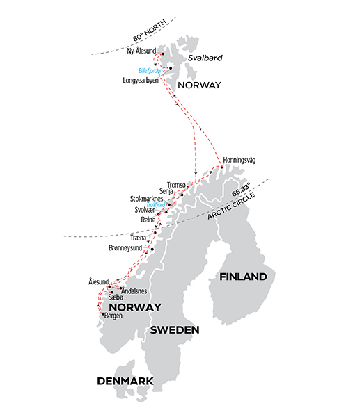 Illustrated map showing the Svalbard Line route.