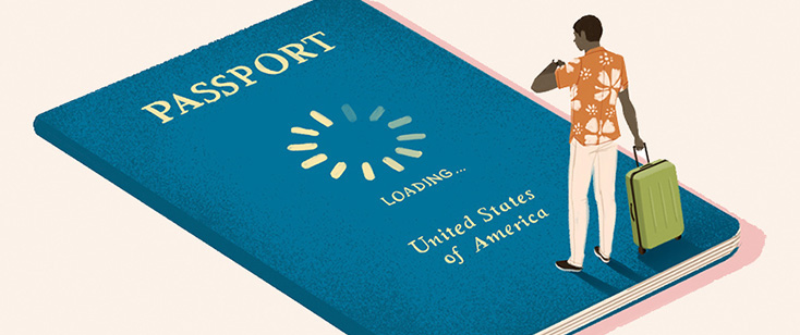 Illustration of a traveler standing on a giant passport.