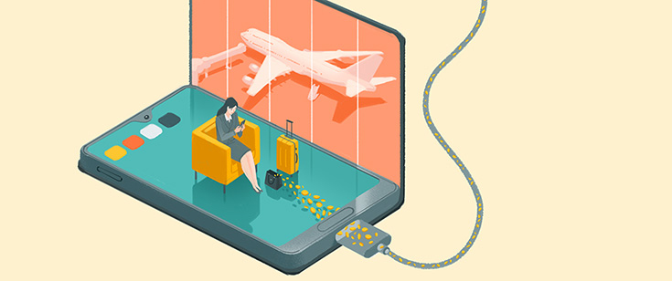 Illustration of woman browsing her phone in an airport.