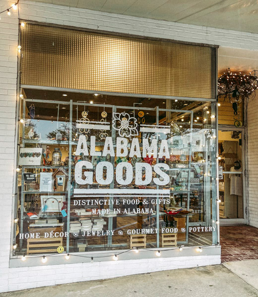 Items on display in the front window of Alabama Goods