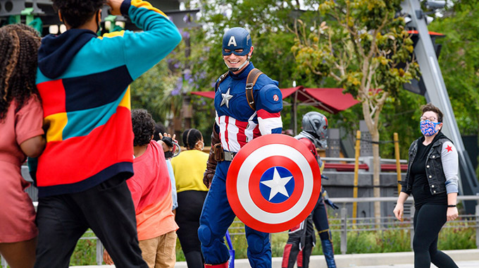 Captain America takes tours of duty throughout Avengers Campus, either on foot or on the Avengers deployment vehicle. Guests may even see some other heroes riding along, like Captain Marvel.