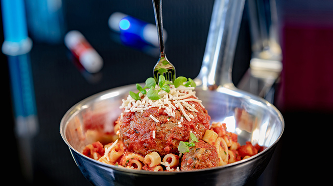 Pasta with large and micro meatballs from Pym Test  Kitchen. | Photo by David Nguyen/Disneyland Resort