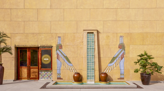 Egyptian Theatre's courtyard wall art. 