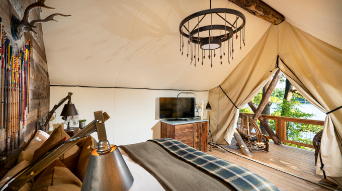 Inside a Camp Long Creek glamping tent.