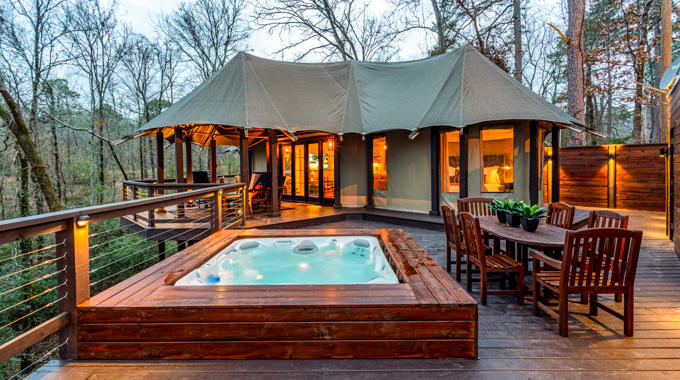 Nest of Hot Springs safari-style tent and patio with hottub.
