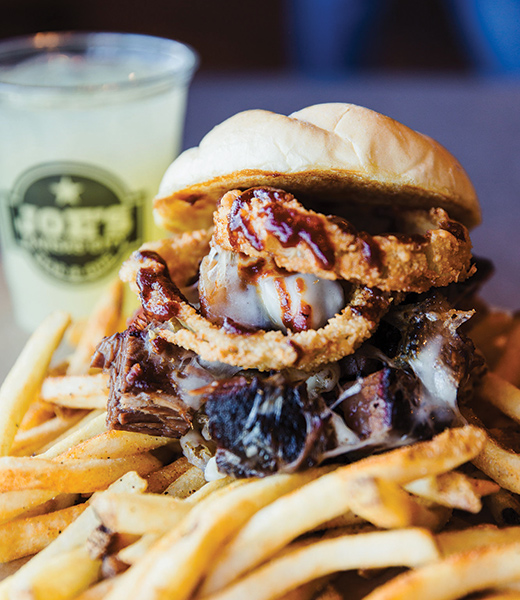 Beef brisket sandwich with fries. 