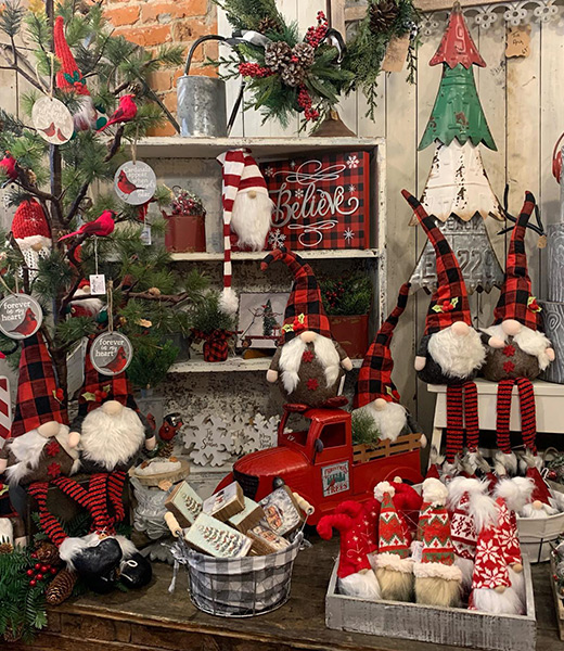 Holiday merchandise including decorative elves.