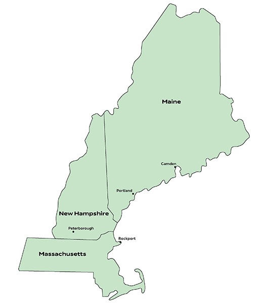 Map of designer inns in Maine, New Hampshire, and Massachusetts.