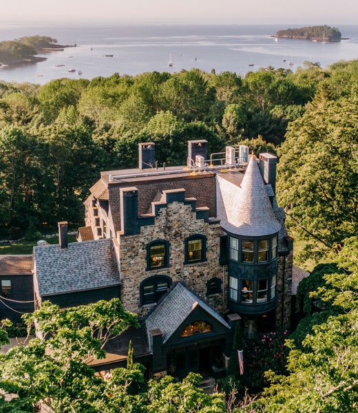 Aerial view of The Norumbega and Penobscot Bay.