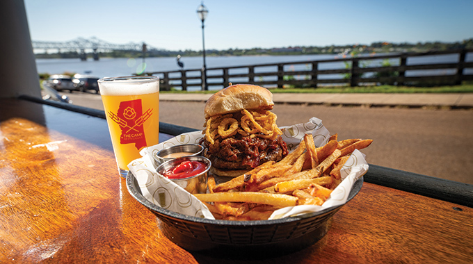 The Camp Restaurant beer, burger, and fries.