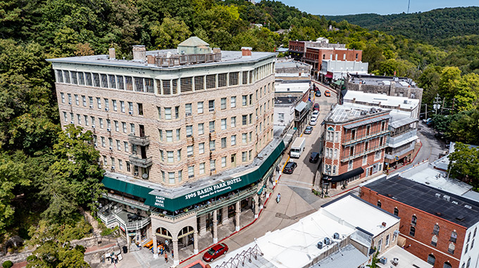 Aerial view of the exterior of Basin Park Hotel.