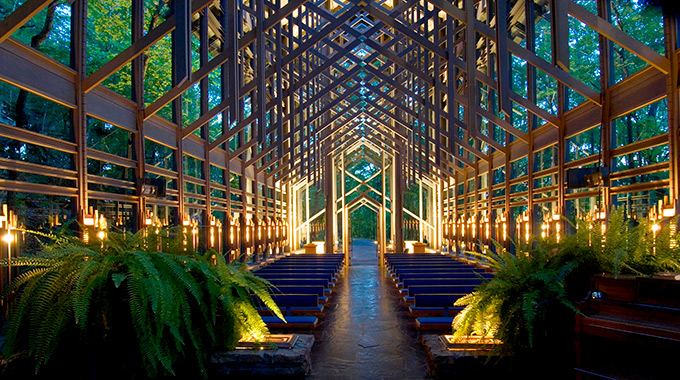 Lights glow throughout Thorncrown Chapel.